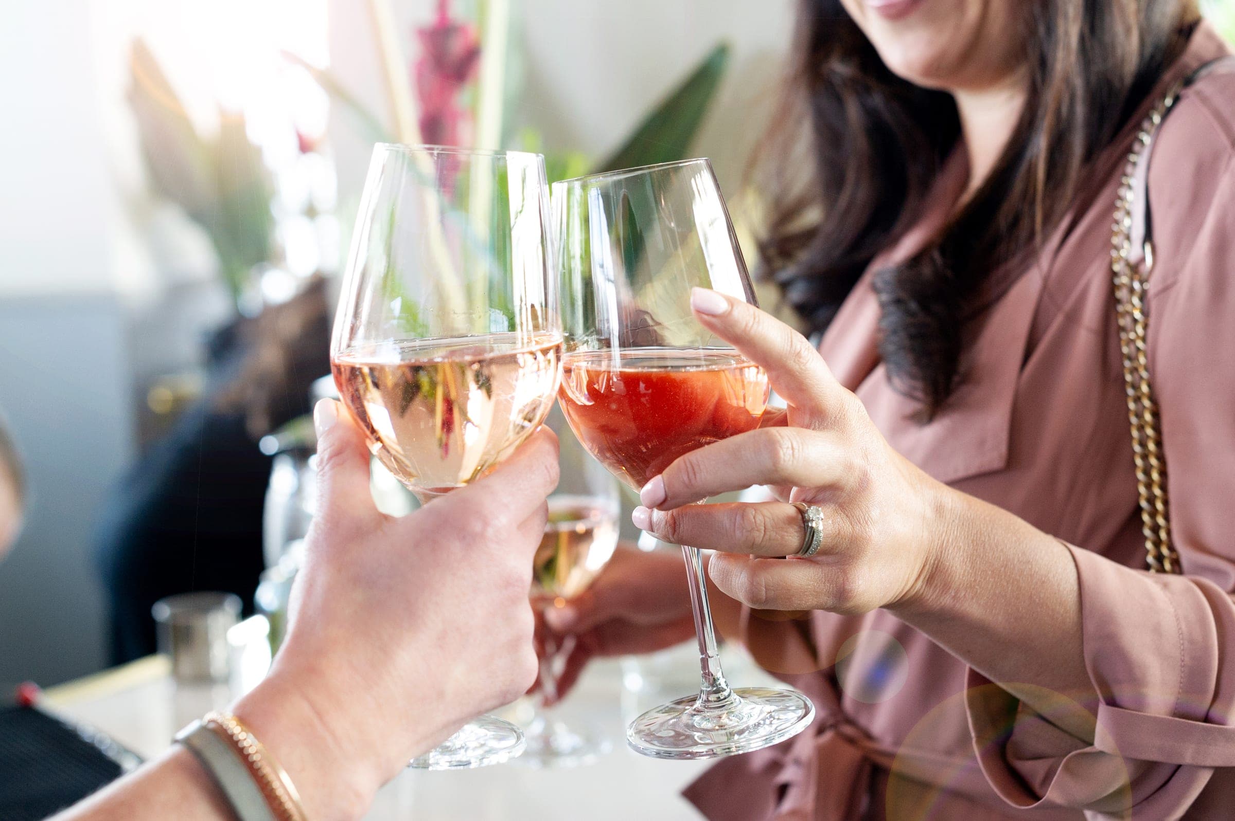 Two guests clinking glasses of rosé at a private celebration
